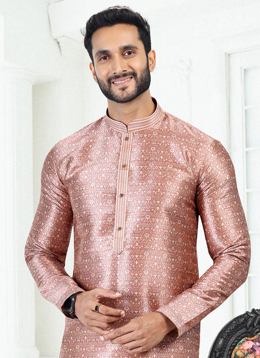 Digital Print Banarasi Silk Pink Kurta Pyjama - M4916