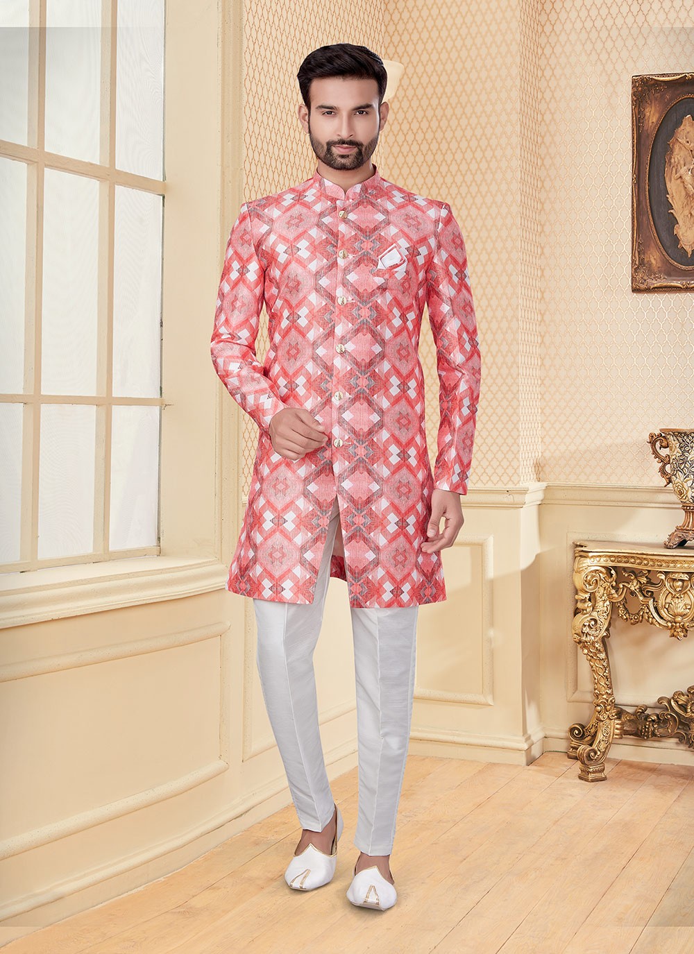 Digital Print Jacquard Pink Indo Western - M2949