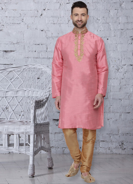 Embroidered Dupion Silk Pink Kurta Pyjama - M1053