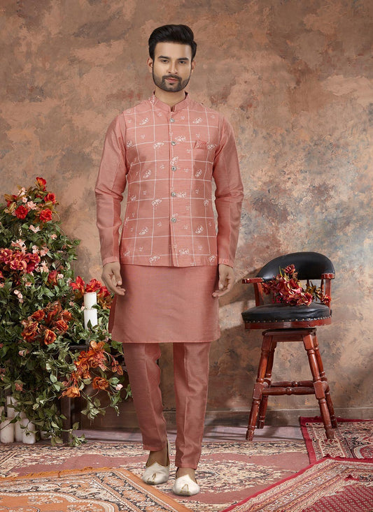 Printed Dupion Silk Pink Kurta Payjama With Jacket - M2897