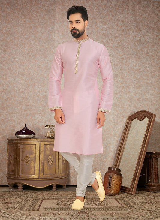 Embroidered Dupion Silk Pink Kurta Pyjama - M3345