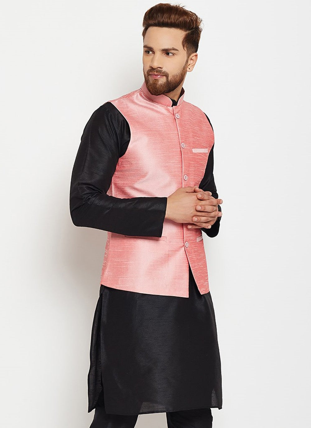 Buttons Dupion Silk Pink Nehru Jackets - M3224