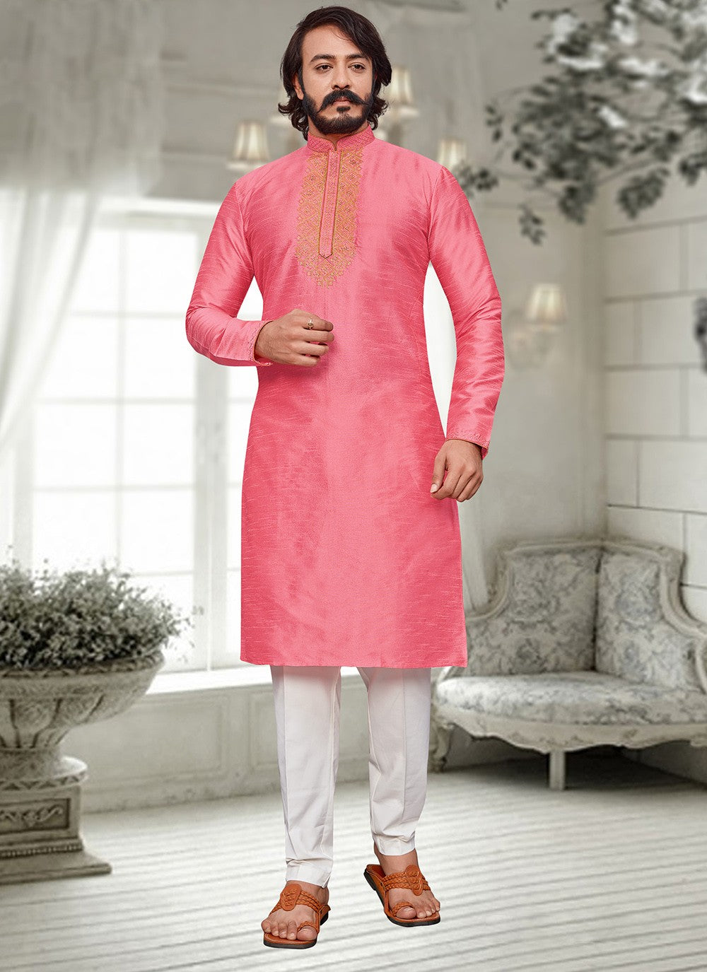 Embroidered Art Silk Pink Kurta Pyjama - M2021