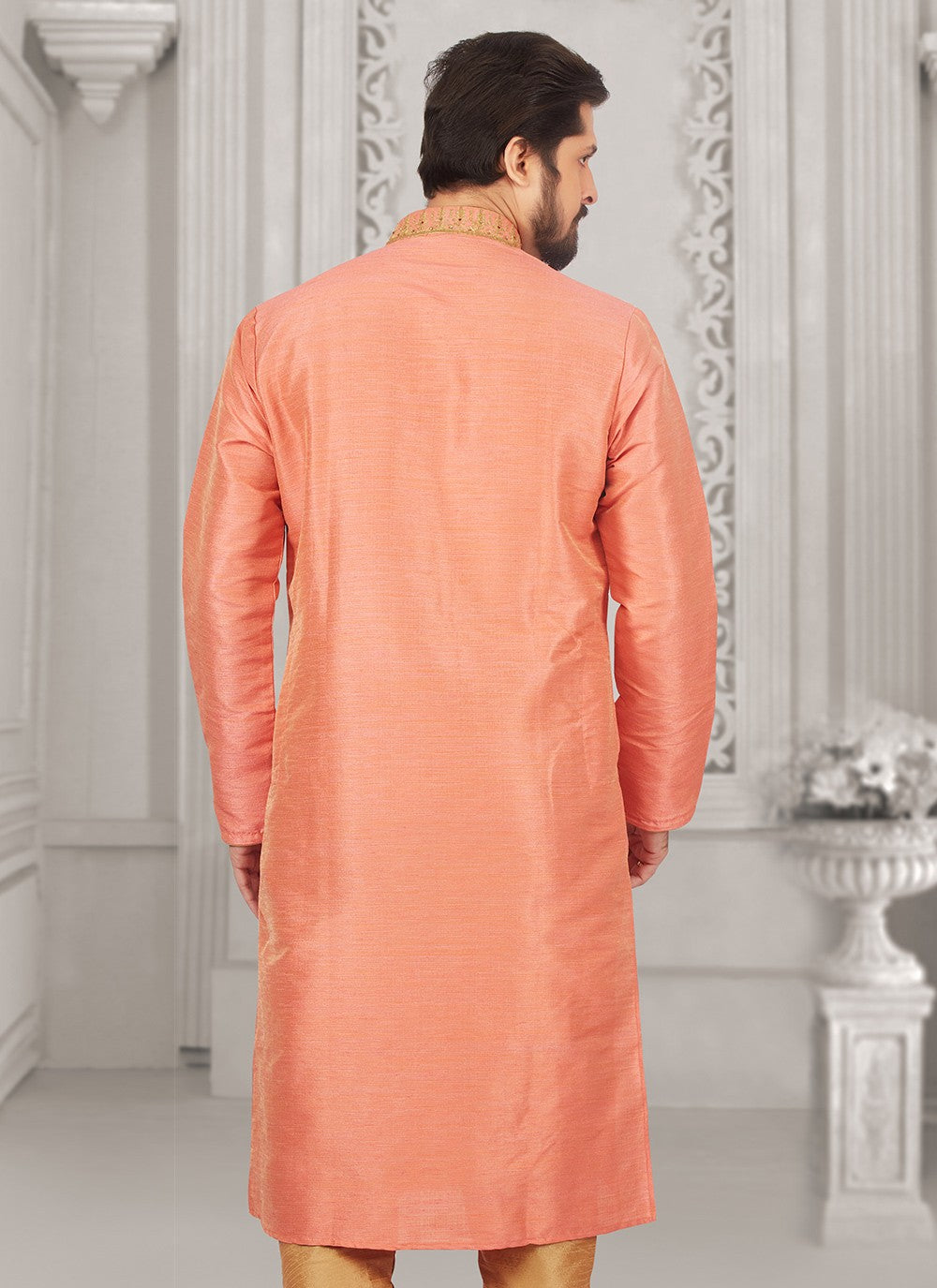 Embroidered Dupion Silk Pink Kurta Pyjama - M6574