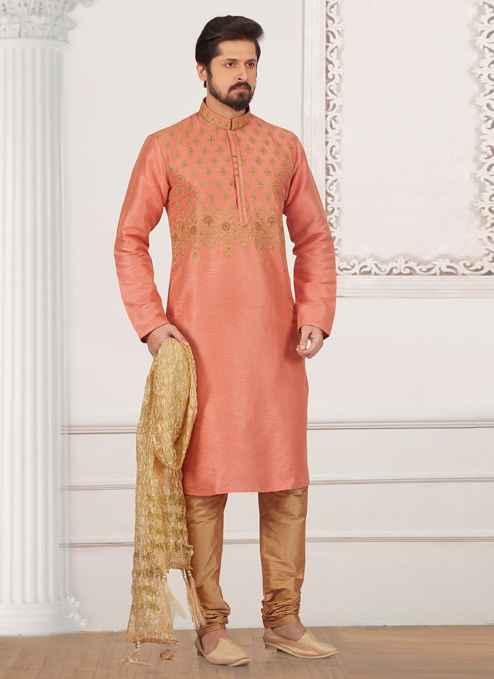 Embroidered Dupion Silk Pink Kurta Pyjama - M6574