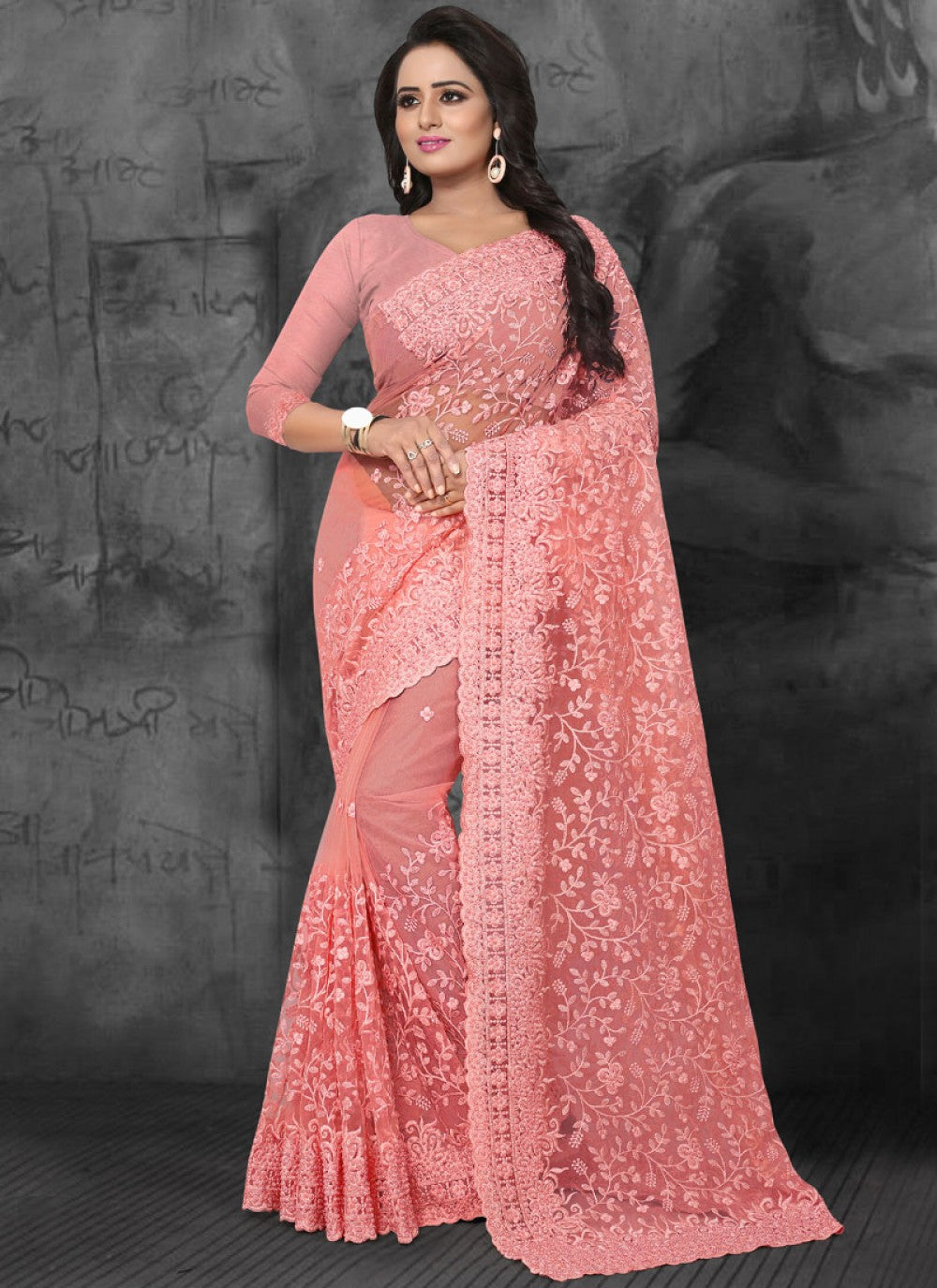 Classic Embroidered Net Saree - S0078