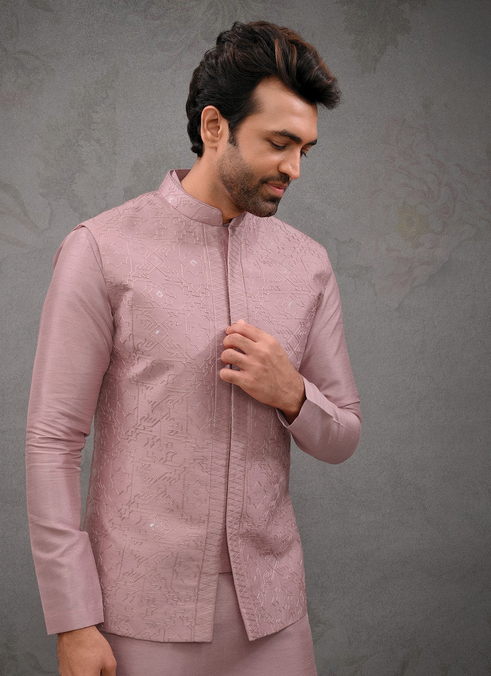 Embroidered Silk Pink Kurta Payjama With Jacket - M8456