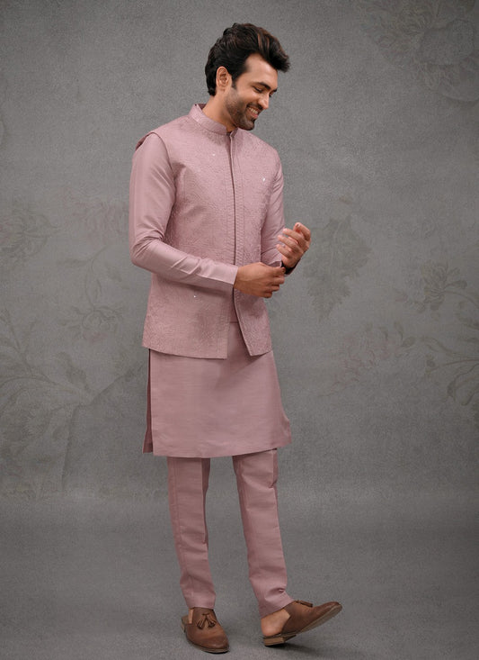 Embroidered Silk Pink Kurta Payjama With Jacket - M8456