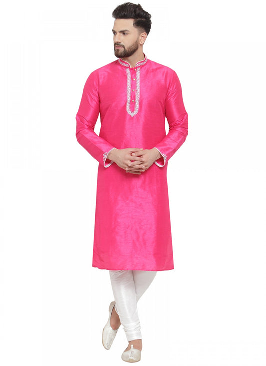 Embroidered Art Dupion Silk Pink Kurta Pyjama - M1393