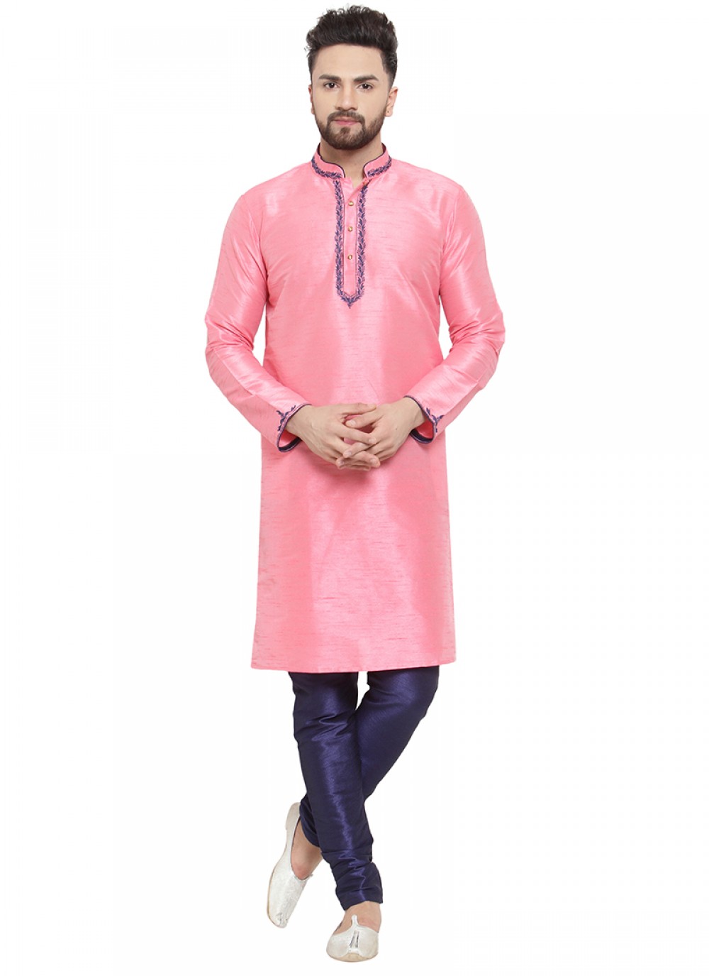 Embroidered Art Dupion Silk Pink Kurta Pyjama - M1394