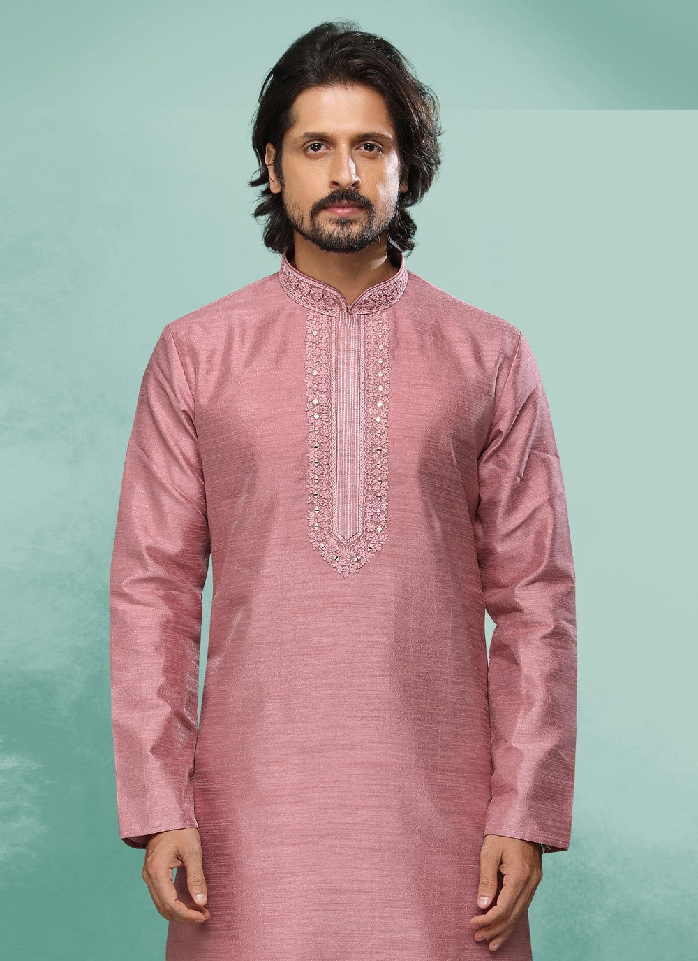 Embroidered Art Silk Pink Kurta Pyjama - M4375