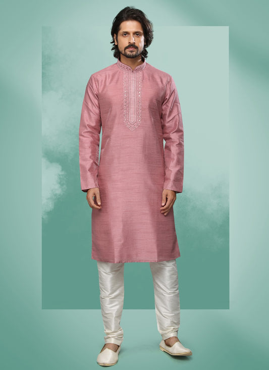 Embroidered Art Silk Pink Kurta Pyjama - M4375