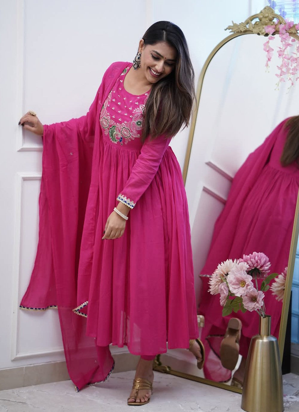 Embroidered Chinon Pant Style Suit - T4738