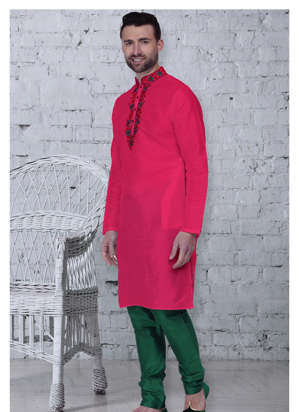 Embroidered Art Dupion Silk Pink Kurta Pyjama - M1489