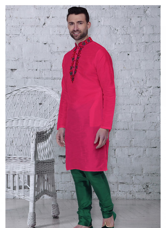 Embroidered Art Dupion Silk Pink Kurta Pyjama - M1489