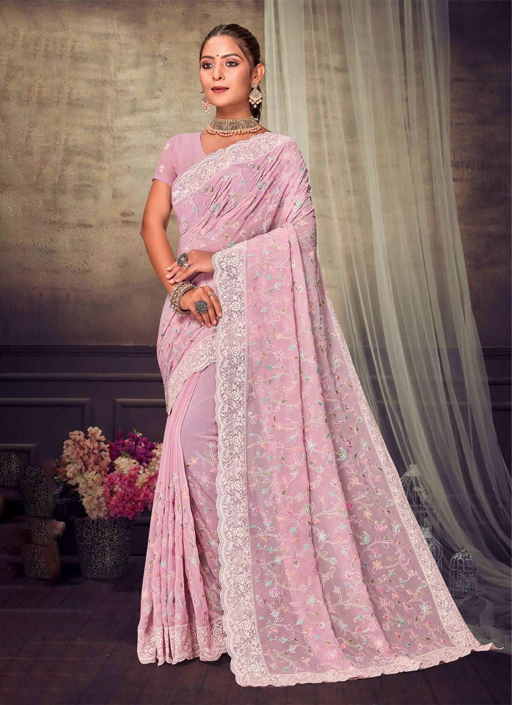 Trendy Embroidered Georgette Saree - S4200