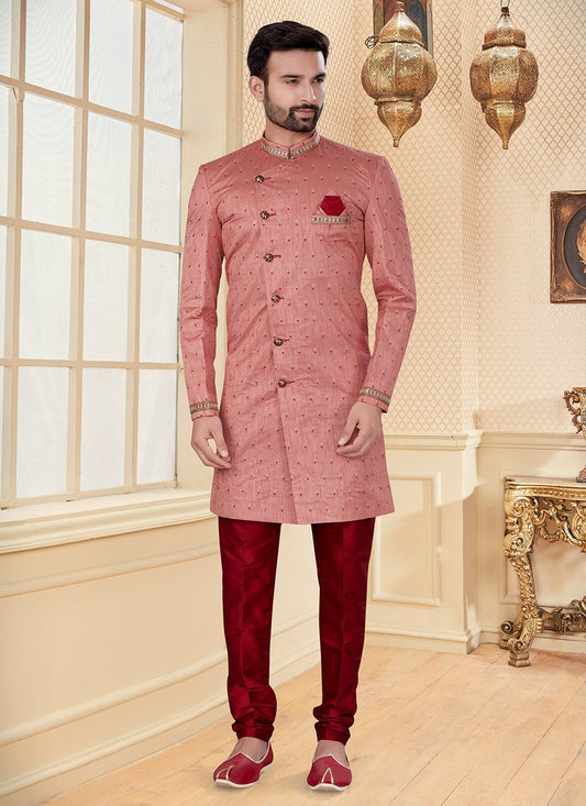 Embroidered Jacquard Pink Indo Western - M2954