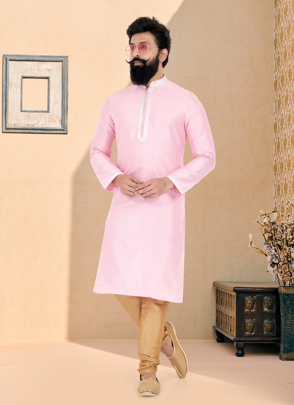 Jacquard Work Banarasi Silk, Jacquard Pink Kurta Pyjama - M4938