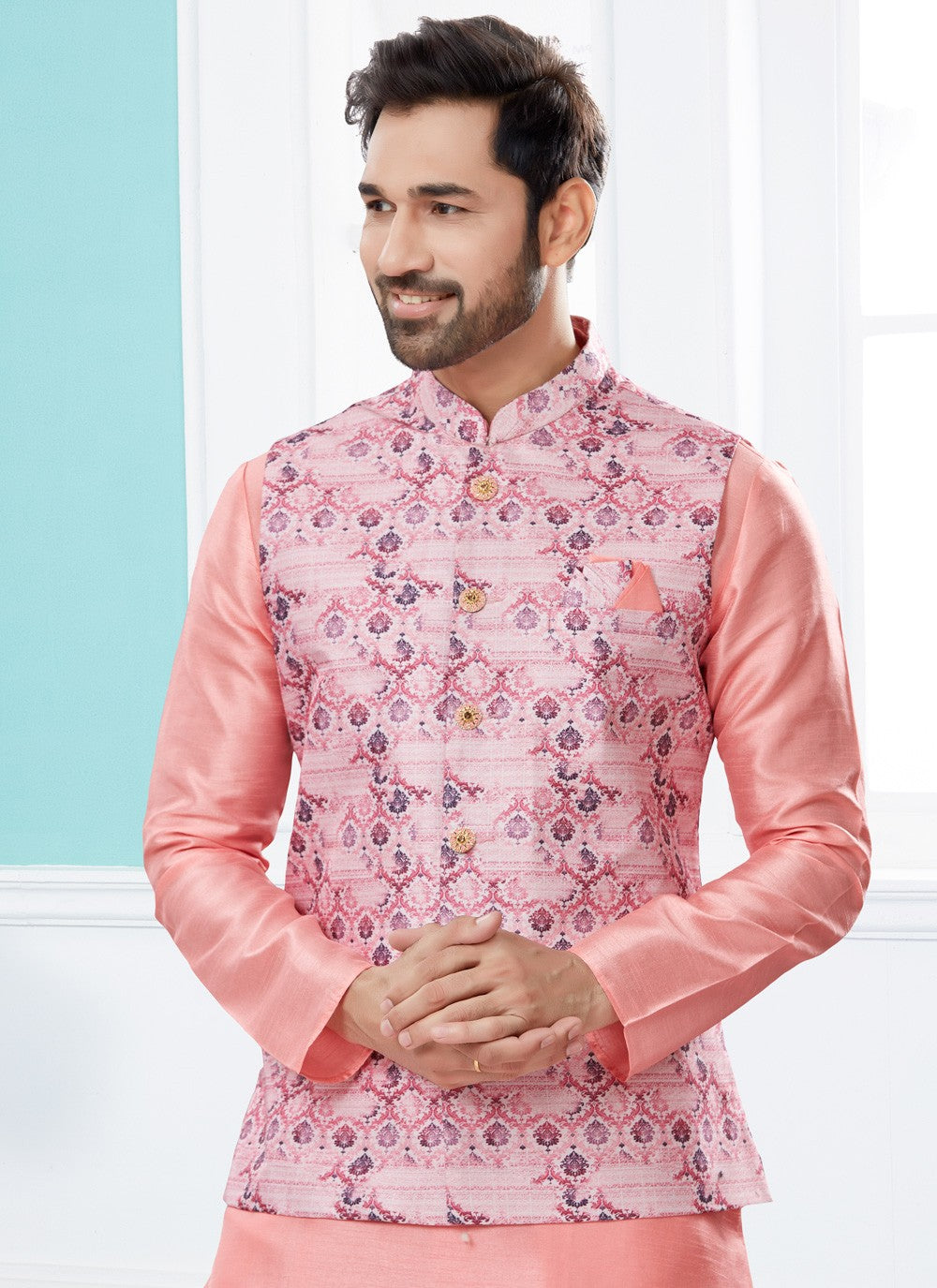 Digital Print Dupion Silk, Jacquard Pink Kurta Payjama With Jacket - M4021