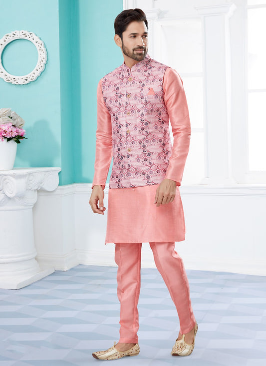 Digital Print Dupion Silk, Jacquard Pink Kurta Payjama With Jacket - M4021