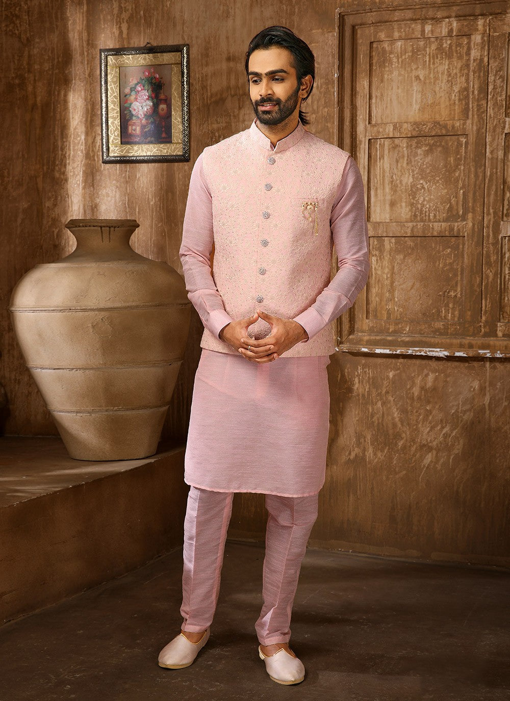 Embroidered Banarasi Silk Pink Kurta Payjama With Jacket - M4272