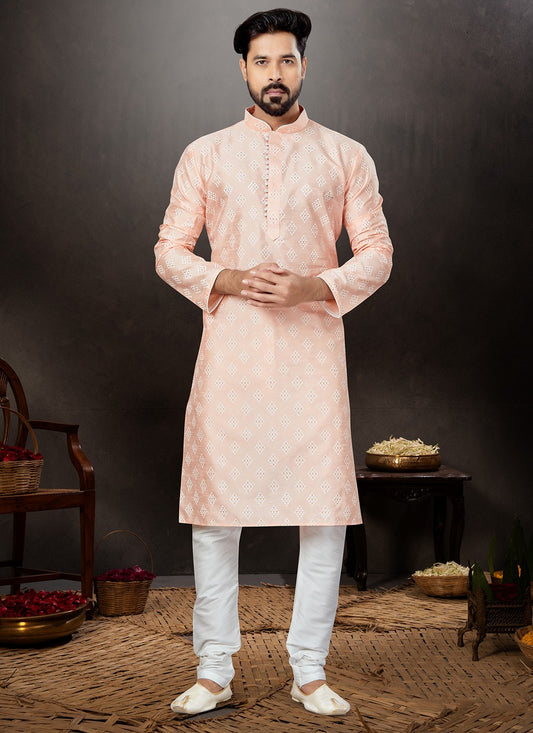 Printed Dupion Silk Pink Kurta Pyjama - M4783