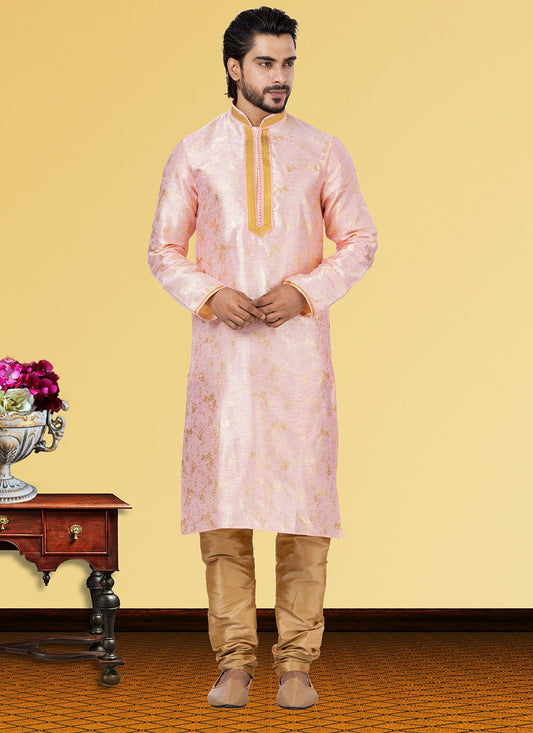 Foliage Prints Linen, Silk Pink Kurta Pyjama - M3683