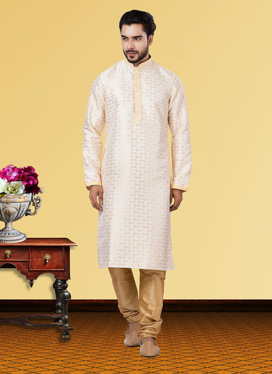 Fancy Work Jacquard Silk Pink Kurta Pyjama - M3689