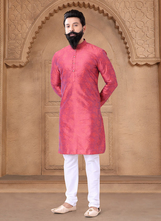 Fancy Work Jacquard Pink Kurta - M7656