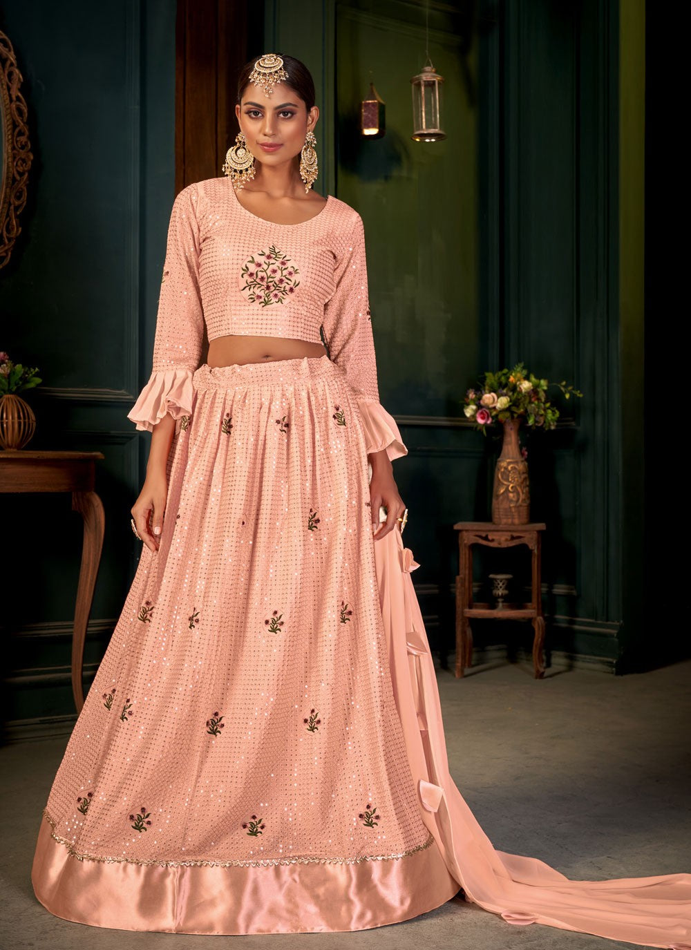 Embroidered Faux Georgette A - Line Lehenga - L0393