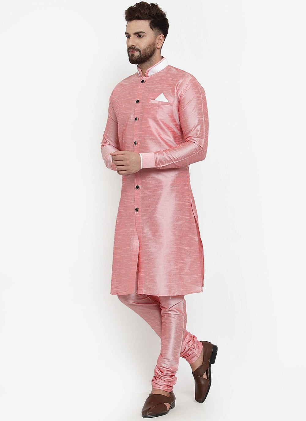 Plain Banarasi Silk Pink Kurta Pyjama - M2460