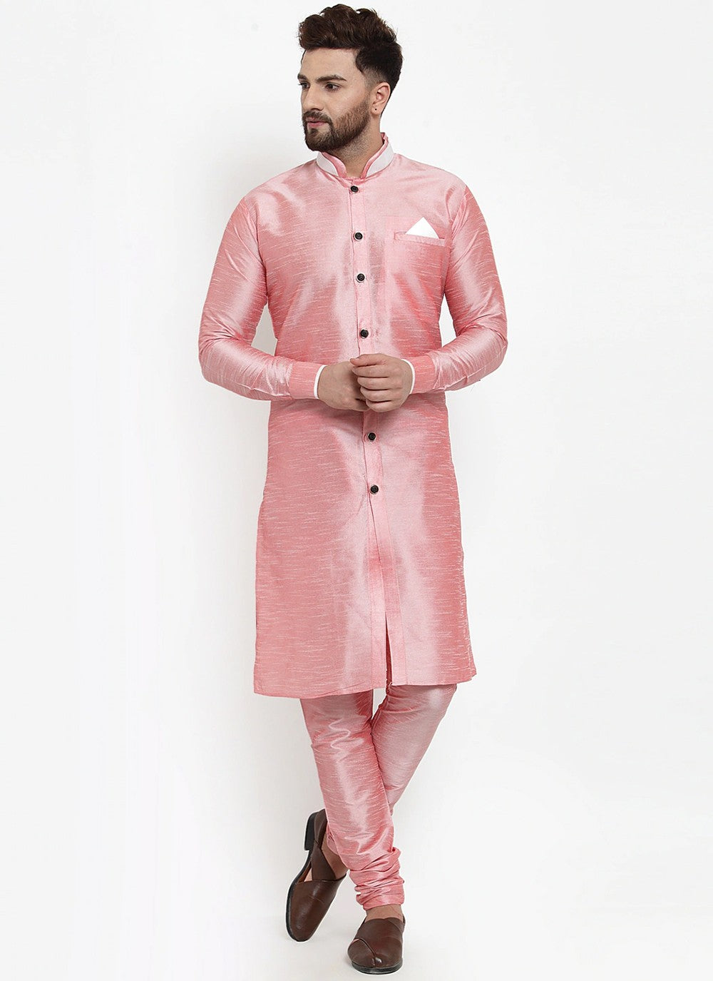 Plain Banarasi Silk Pink Kurta Pyjama - M2460