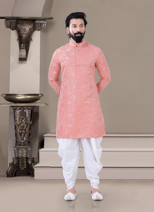 Fancy Work Jacquard Pink Dhoti Kurta - M3457