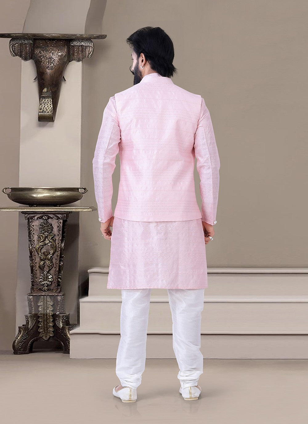 Plain Jacquard Pink Indo Western - M3465