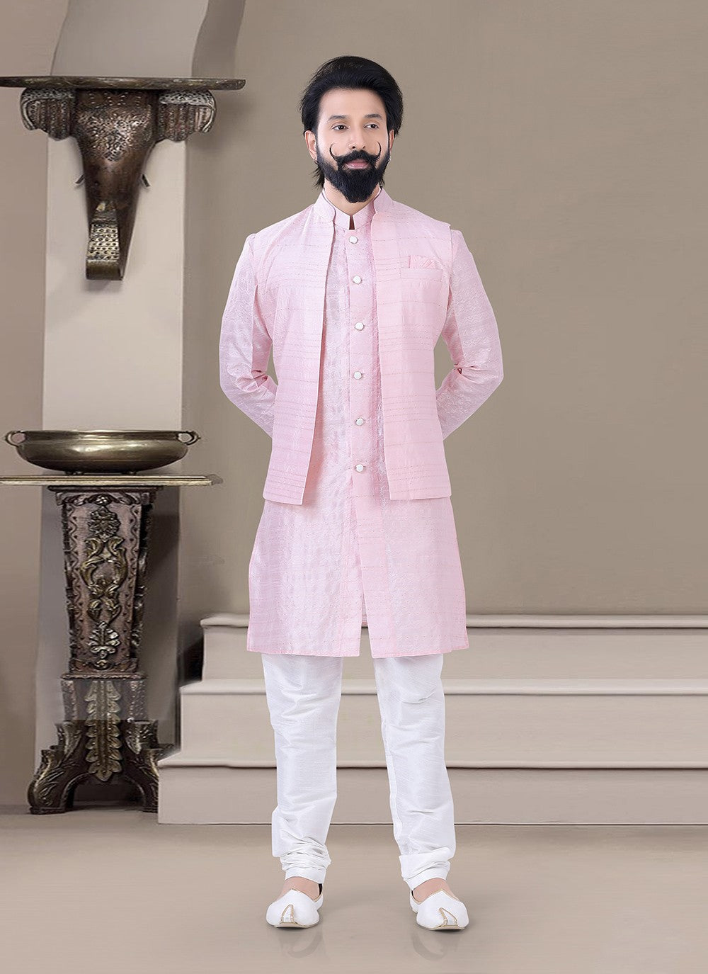 Plain Jacquard Pink Indo Western - M3465