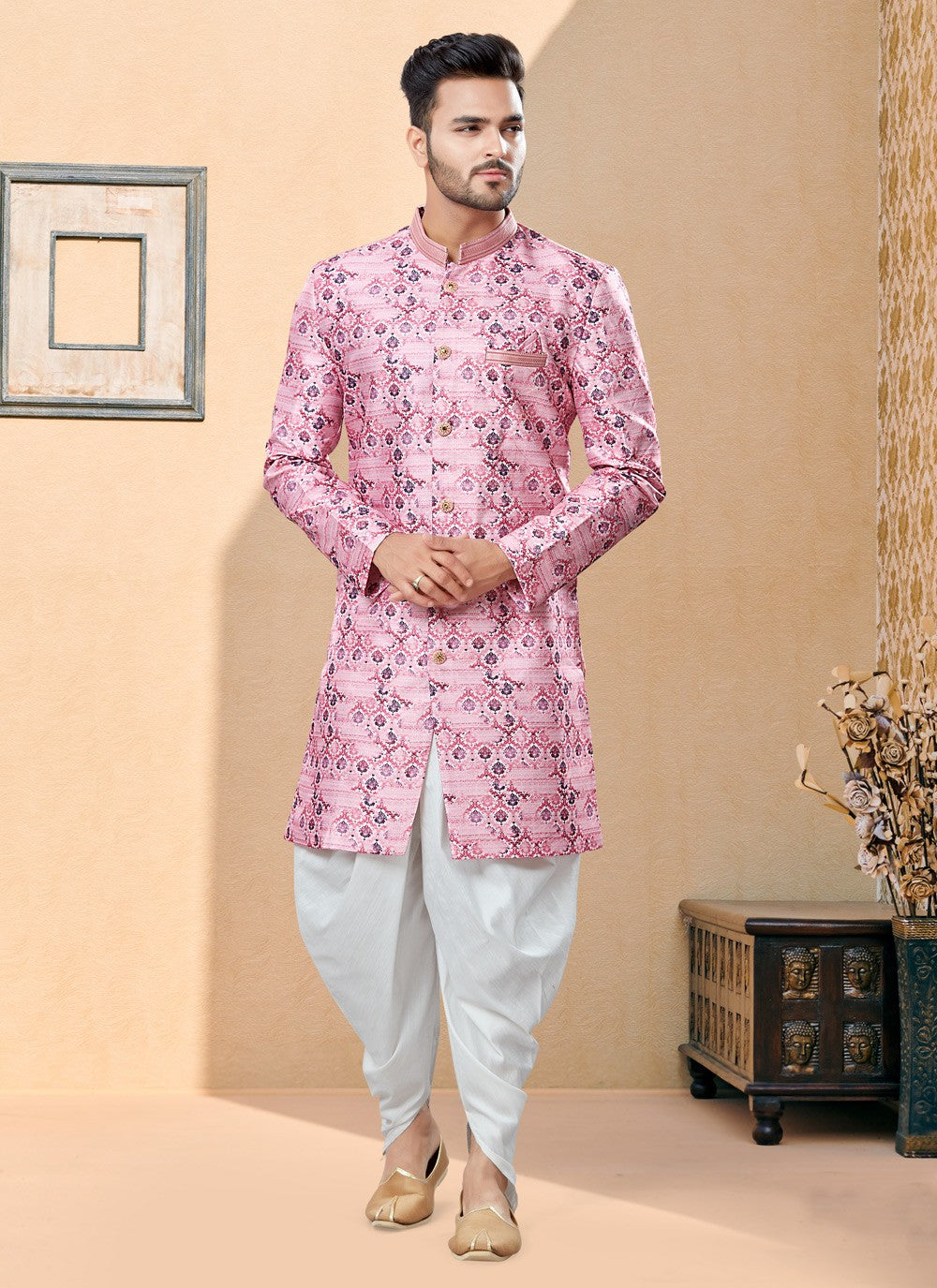 Digital Print Jacquard Pink Indo Western Sherwani - M3877