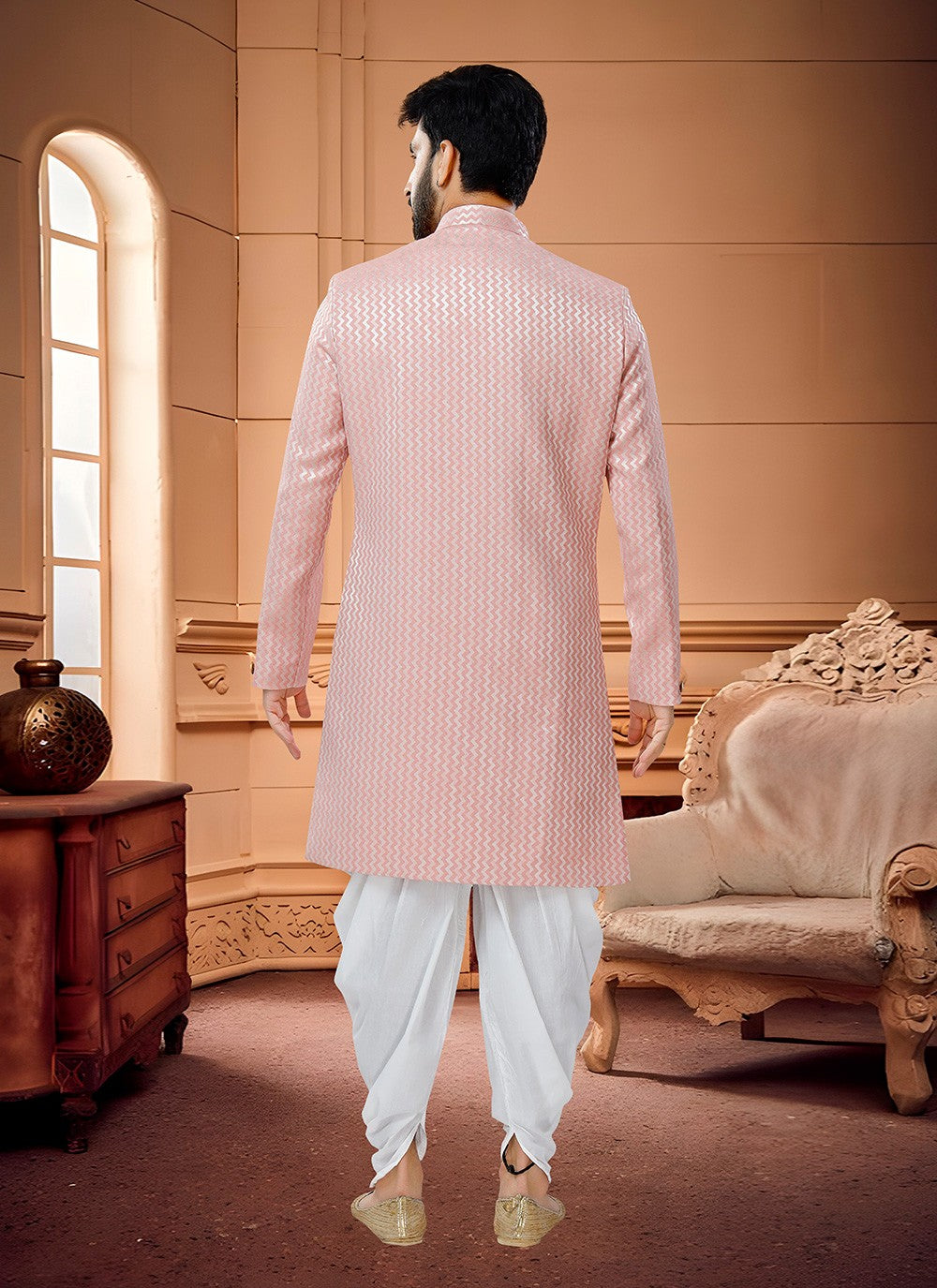 Fancy Work Jacquard Silk Pink Indo Western Sherwani - M4322