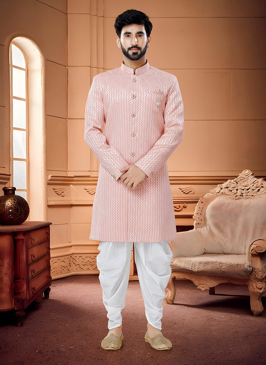 Fancy Work Jacquard Silk Pink Indo Western Sherwani - M4322