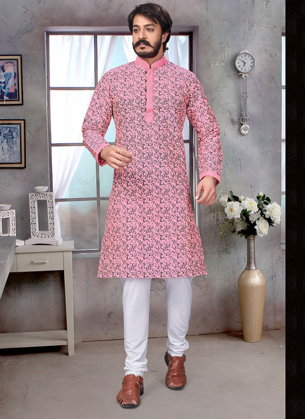 Printed Jacquard Silk Pink Kurta Pyjama - M1883