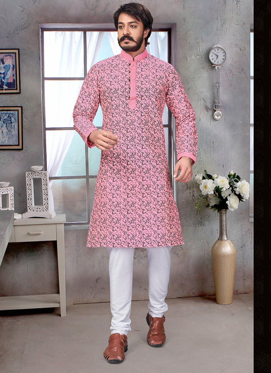 Printed Jacquard Silk Pink Kurta Pyjama - M1883