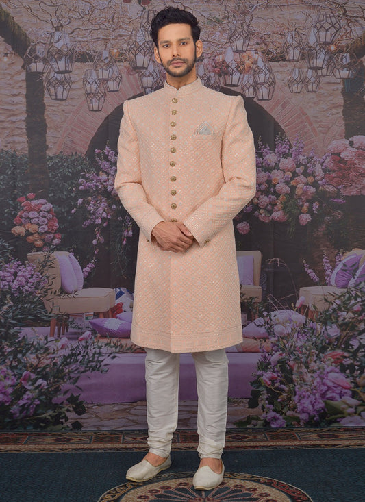 Embroidered Georgette, Lucknowi Pink Sherwani - M3299