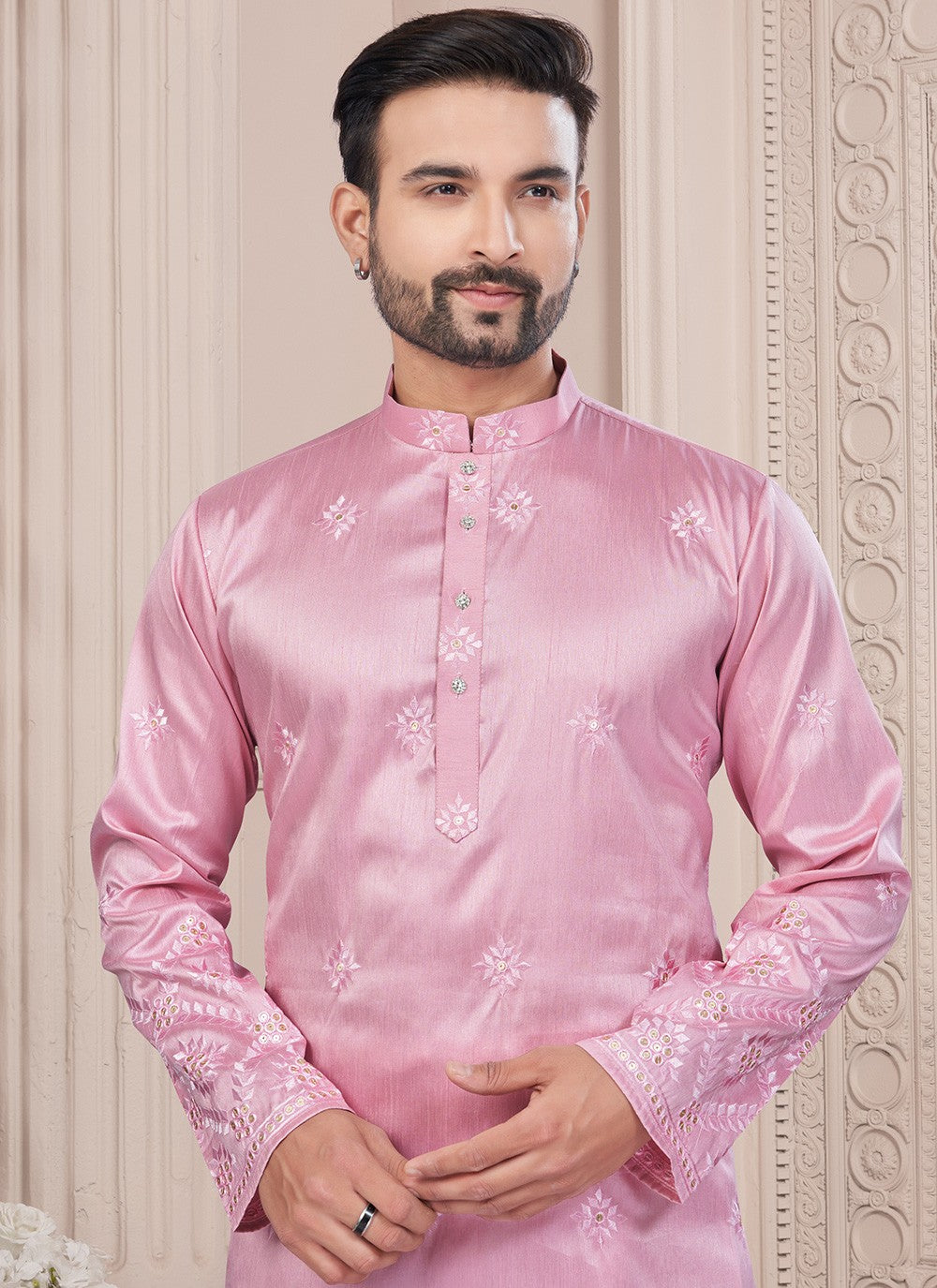 Machine Embroidery Silk Pink Kurta Pyjama - M8711