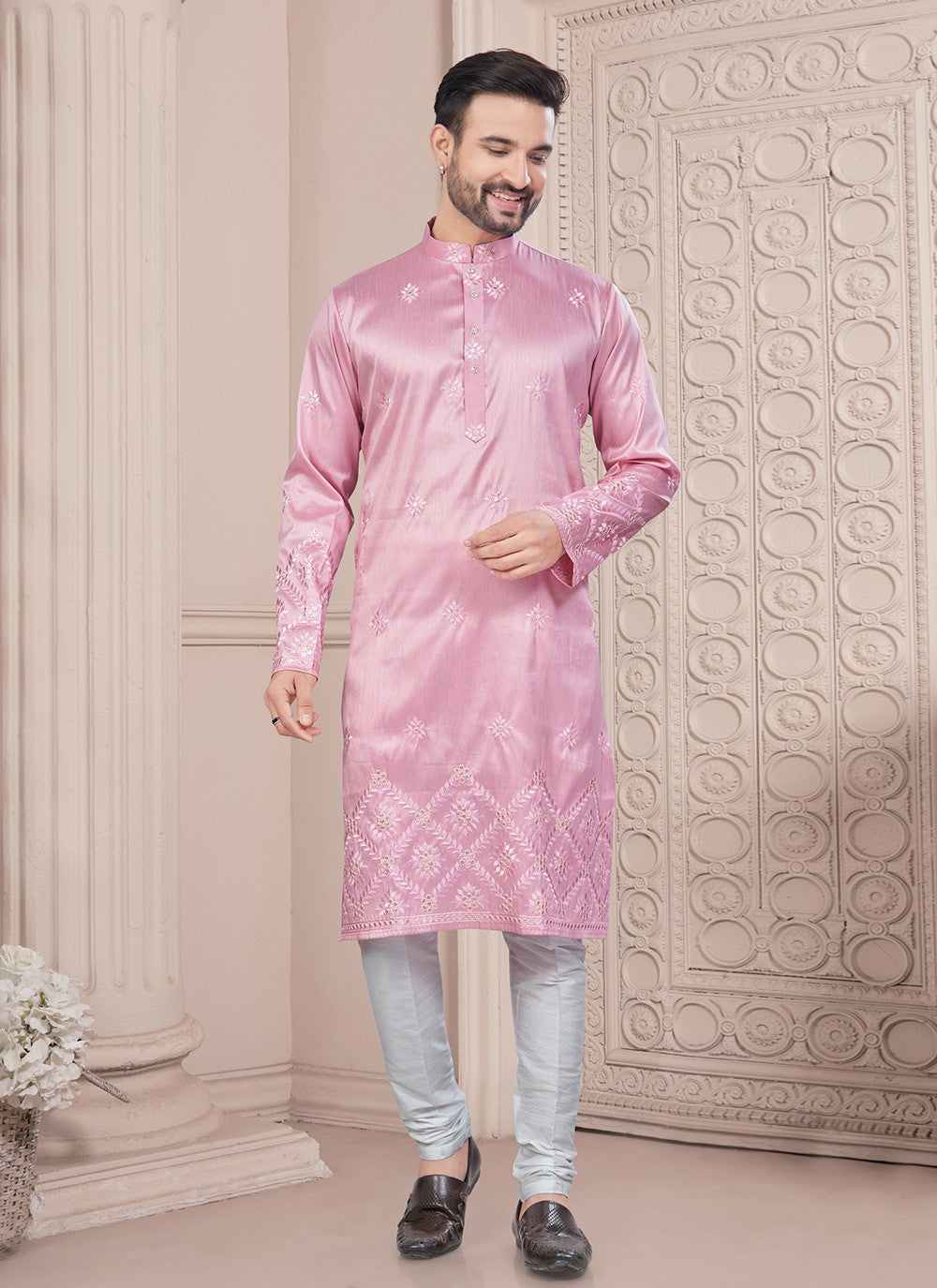 Machine Embroidery Silk Pink Kurta Pyjama - M8711