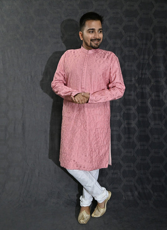 Embroidered Cotton Silk Pink Kurta Pyjama - M6192