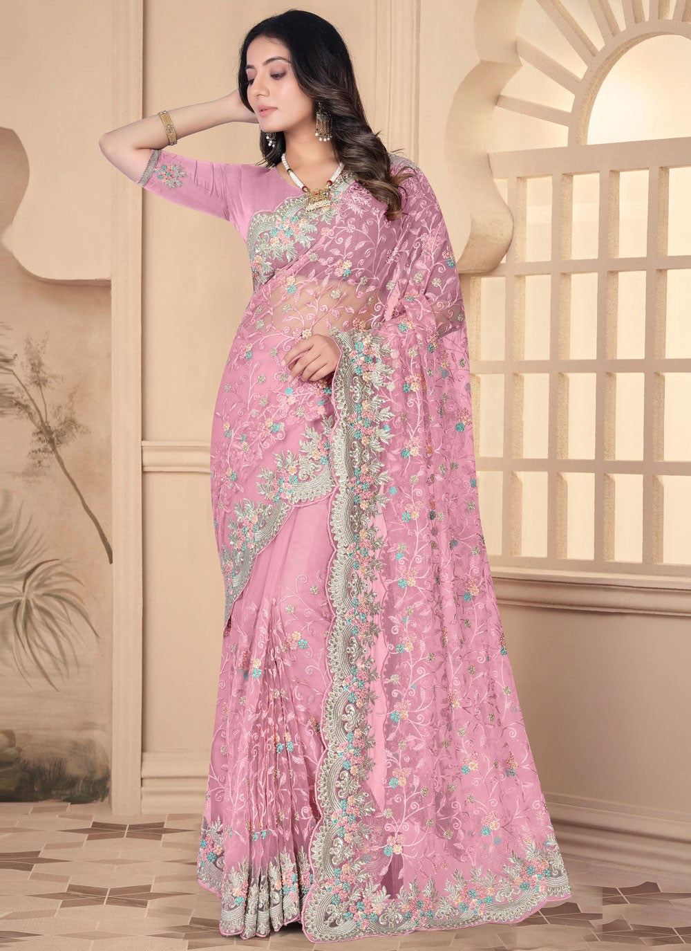 Classic Embroidered Net Saree - S6455