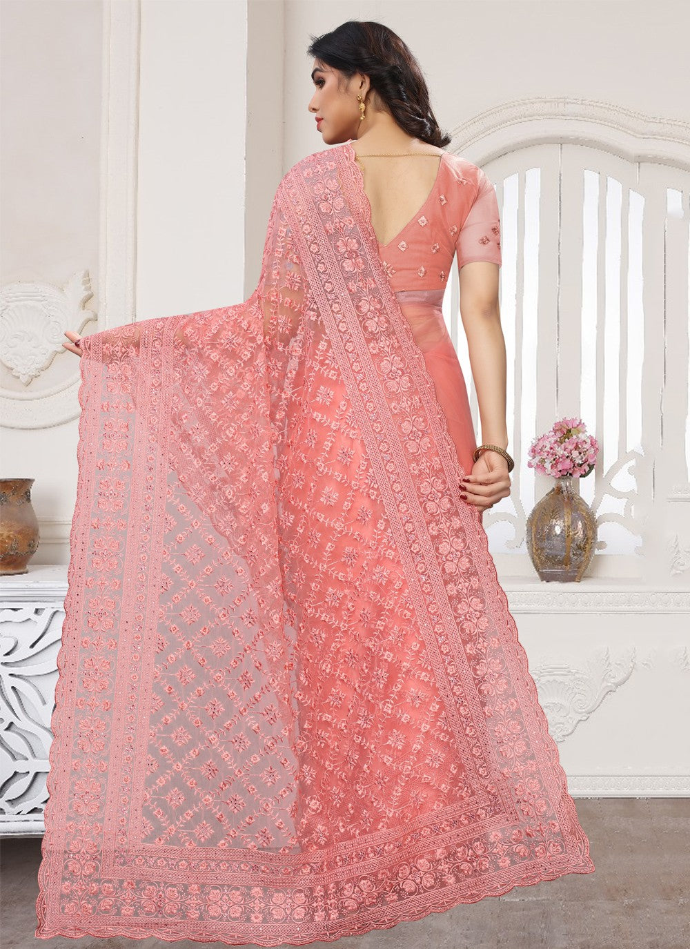 Designer Embroidered Net Saree - S0325