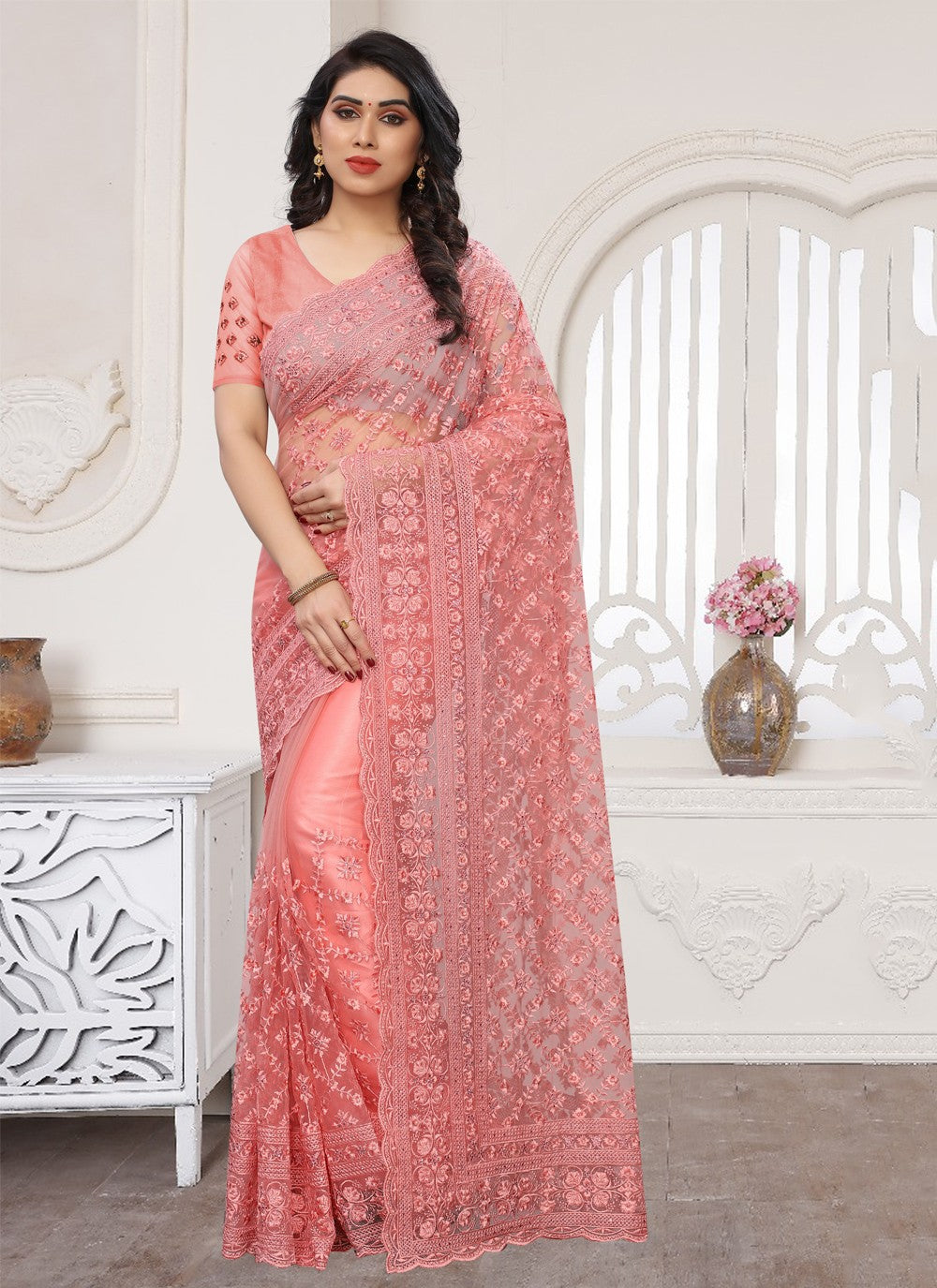 Designer Embroidered Net Saree - S0325