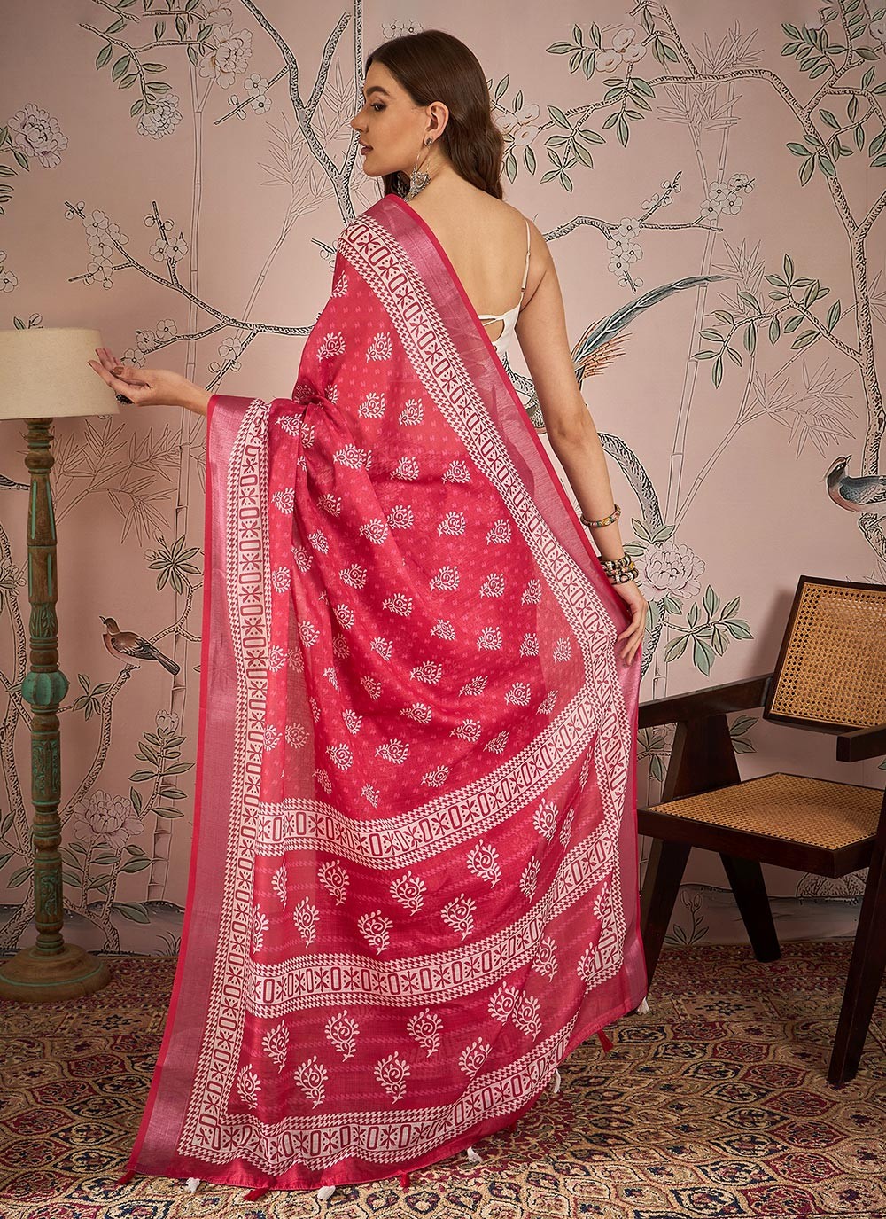 Classic Digital Print Linen Pink Saree - S10937