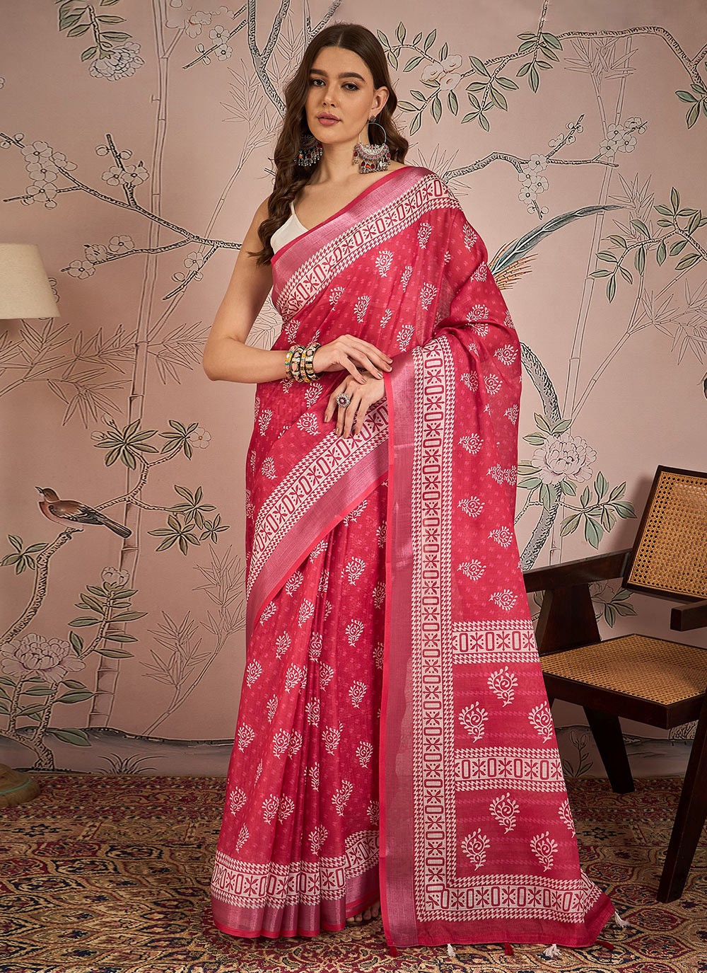 Classic Digital Print Linen Pink Saree - S10937