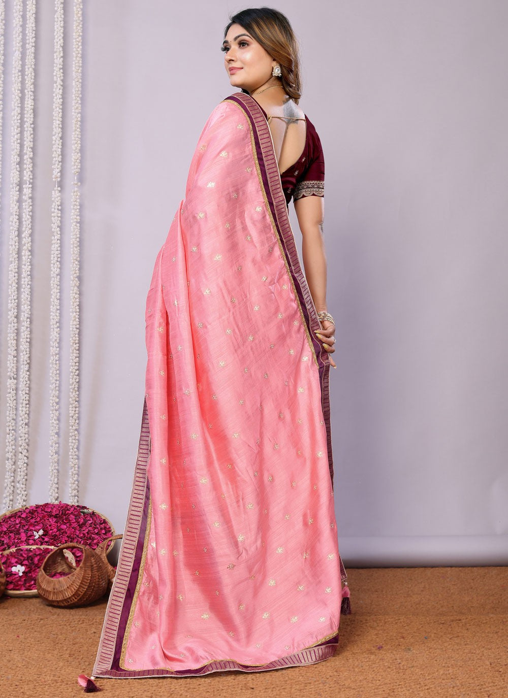 Classic Embroidered Tussar Silk Pink Saree - S10707